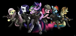 Size: 2522x1200 | Tagged: safe, artist:mirapony, derpibooru import, applejack, fluttershy, pinkie pie, rainbow dash, rarity, spike, twilight sparkle, alien, pony, bipedal, clothes, gun, helmet, m41a pulse rifle, mane seven, mane six, parody