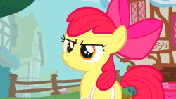 Size: 960x540 | Tagged: safe, derpibooru import, screencap, apple bloom, applejack, earth pony, pony, call of the cutie, animated, apron, bow, clothes, cute, female, fence, filly, gif, hoof in mouth, hooves, offscreen character, ponyville, raised hoof, sugarcube corner, talking