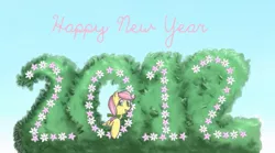 Size: 865x480 | Tagged: safe, artist:shiaran, derpibooru import, posey, earth pony, pony, 2012, askposey, blue background, bow, flower, g1, hair bow, happy new year, holiday, new year, simple background, solo, topiary, tumblr