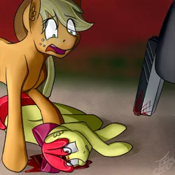 Size: 833x833 | Tagged: apple bloom, applejack, artist:tlatophat, blood, crying, death, derpibooru import, ear fluff, empty eyes, grimdark, gun, head shot, hoof hold, murder, open mouth, shot, side, wide eyes