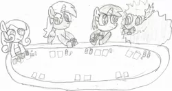 Size: 1024x543 | Tagged: safe, artist:pika-robo, derpibooru import, oc, oc:fluffle puff, oc:littlepip, oc:snowdrop, oc:ticket, unofficial characters only, alicorn, pegasus, pony, unicorn, fallout equestria, fanfic, alicorn oc, black and white, clothes, crossover, fanfic art, female, grayscale, horn, mare, monochrome, pipbuck, poker, poker night at the inventory, sketch, traditional art, vault suit, wings