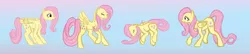 Size: 2687x580 | Tagged: artist:versimer, cute, derpibooru import, eyes closed, fluttershy, frown, gradient background, open mouth, raised hoof, raised leg, safe, side, sleeping, smiling, solo, spread wings, walking