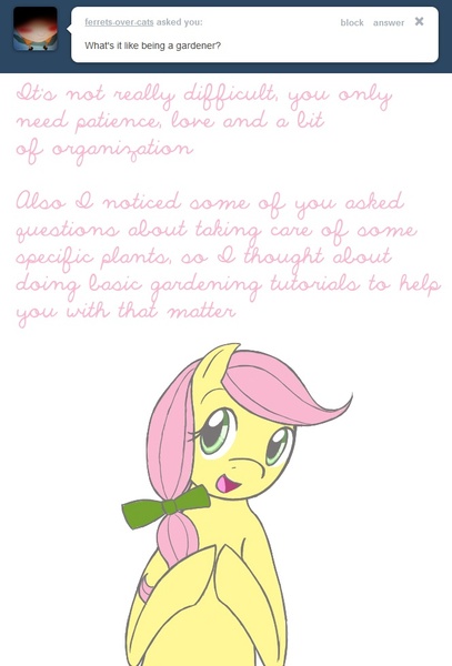 Size: 665x981 | Tagged: safe, artist:shiaran, derpibooru import, posey, earth pony, pony, ask, askposey, bow, g1, gardening, hair bow, simple background, solo, tumblr, white background