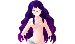 Size: 1200x700 | Tagged: 3d, artist:erenyeagers, belly button, breasts, clothes, covering, derpibooru import, female, glasses, human, humanized, mmd, nail polish, nudity, panties, rarity, solo, solo female, striped underwear, suggestive, underwear, wink