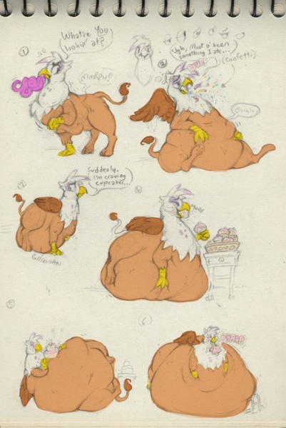 Size: 592x885 | Tagged: grimdark, questionable, artist:boot, derpibooru import, gilda, pinkie pie, gryphon, belly, belly bed, burp, cake, confetti, cupcake, digestion, eating, fat, fat fetish, fetish, food, gildough, griffons doing griffon things, immobile, impossibly large belly, morbidly obese, multiple prey, obese, pinkie prey, sketch, stomach noise, vore, weight gain