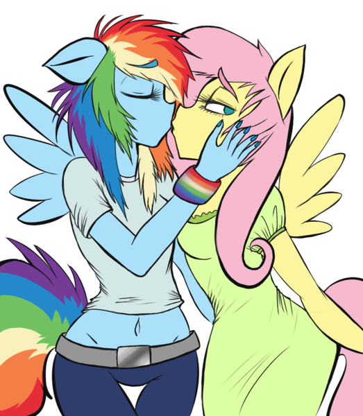 Size: 791x908 | Tagged: safe, artist:blup-chan, derpibooru import, fluttershy, rainbow dash, anthro, belly button, clothes, dress, female, flutterdash, kissing, lesbian, midriff, shipping, short shirt, simple background, t-shirt, thick eyebrows, transparent background