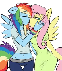Size: 791x908 | Tagged: safe, artist:blup-chan, derpibooru import, fluttershy, rainbow dash, anthro, belly button, clothes, dress, female, flutterdash, kissing, lesbian, midriff, shipping, short shirt, simple background, t-shirt, thick eyebrows, transparent background