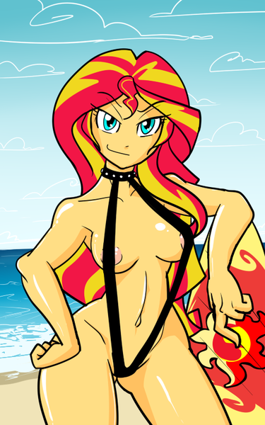 Size: 500x800 | Tagged: dead source, questionable, artist:reiduran, derpibooru import, sunset shimmer, human, equestria girls, areola, areola slip, beach, belly button, bikini, breasts, busty sunset shimmer, clothes, female, humanized, looking at you, nipples, nudity, sling bikini, slutset shimmer, smirk, solo, solo female, surfboard, swimsuit, underass, wardrobe malfunction