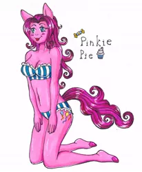 Size: 498x605 | Tagged: anthro, artist:piggums, belly button, bikini, blushing, cleavage, clothes, derpibooru import, female, pinkie pie, safe, solo, swimsuit, traditional art