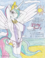 Size: 2525x3266 | Tagged: absolute cleavage, anthro, armpits, artist:skecthart, beach, breasts, cleavage, clothes, derpibooru import, female, looking at you, princess celestia, sling bikini, solo, solo female, suggestive, sun, swimsuit, traditional art
