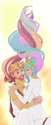 Size: 352x853 | Tagged: artist:zoe-productions, beard, derpibooru import, facial hair, female, human, humanized, intertwined tails, male, prince solaris, princess celestia, rule 63, safe, selfcest, self paradox, shipping, solarestia, straight