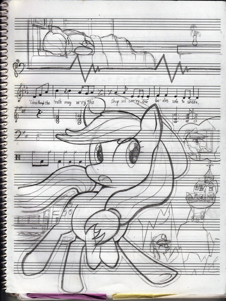 Size: 1506x2000 | Tagged: applejack, artist:pashoo, braeburn, coma, derpibooru import, little talks, lyrics, music notes, of monsters and men, safe, sheet music, sketch, song, song reference, traditional art