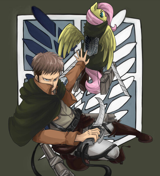 Size: 1024x1130 | Tagged: artist:insanitylittlered, attack on titan, crossover, derpibooru import, fluttershy, human, jean kirschtein, safe