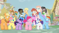 Size: 900x506 | Tagged: applejack, artist:starryoak, chest fluff, collar, cutie mark collar, derpibooru import, diversity, fluffy, fluttershy, human, humanized, human ponidox, mane six, natural hair color, pinkie pie, rainbow dash, rarity, safe, smiling, twilight sparkle, unshorn fetlocks, winter coat