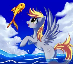 Size: 2555x2222 | Tagged: safe, artist:jacky-bunny, derpibooru import, derpy hooves, fish, goldfish, pegasus, pony, cloud, cloudy, female, mare, ocean, solo, water