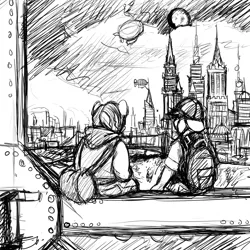 Size: 3000x3000 | Tagged: anthro, artist:gordonfreeguy, babs seed, button mash, buttonseed, city, cityscape, derpibooru import, female, male, manehattan, maretropolis, monochrome, safe, shipping, straight, unguligrade anthro