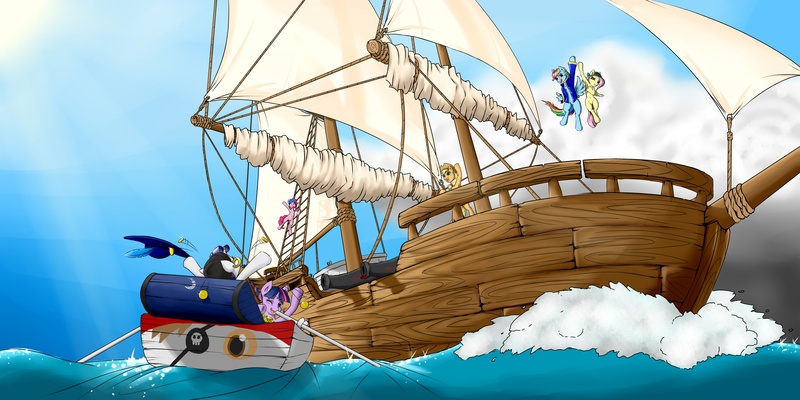 Size: 9000x4500 | Tagged: absurd resolution, applejack, artist:captainpudgemuffin, boat, derpibooru import, fluttershy, mane six, ocean, pinkie pie, pirate, pirate ship, rainbow dash, rarity, safe, ship, twilight sparkle, water