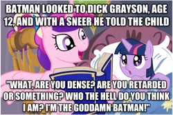 Size: 1024x683 | Tagged: safe, deleted from derpibooru, derpibooru import, princess cadance, twilight sparkle, alicorn, pony, unicorn, all star batman and robin the boy wonder, atop the fourth wall, batman, bed, bedtime story, book, cadance's bedtime stories, crazy steve, duo, exploitable meme, filly, frank miller, image macro, looking up, meme, reading, text, vulgar, younger