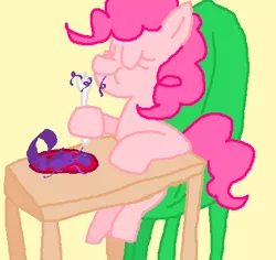 Size: 438x413 | Tagged: artist:twithehedgehog, chair, derpibooru import, eating, fork, implied cannibalism, mane, mane is delicious, nom, pinkie pie, rarity, semi-grimdark, sitting, solo, table