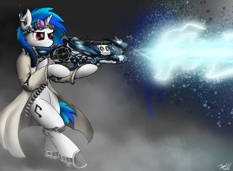 Size: 1920x1408 | Tagged: safe, artist:jasper77wang, derpibooru import, vinyl scratch, pony, unicorn, bipedal, cutie mark, dubstep gun, female, futuristic, goggles, gun, hooves, horn, mare, solo, sunglasses, weapon