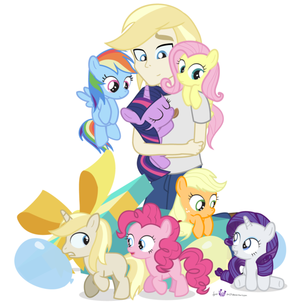 Size: 1125x1140 | Tagged: safe, artist:dm29, derpibooru import, applejack, fluttershy, pinkie pie, rainbow dash, rarity, twilight sparkle, oc, oc:colin nary, pony, unicorn, equestria girls, balloon, colt, cute, equestria girls-ified, female, filly, filly applejack, filly fluttershy, filly pinkie pie, filly rainbow dash, filly rarity, filly twilight sparkle, holding a pony, human ponidox, image, julian yeo is trying to murder us, male, mane six, png, present, self insert, simple background, transparent background, unicorn twilight, younger