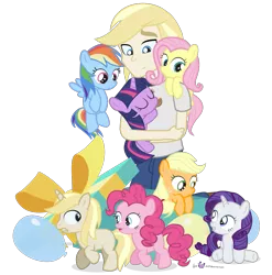Size: 1125x1140 | Tagged: safe, artist:dm29, derpibooru import, applejack, fluttershy, pinkie pie, rainbow dash, rarity, twilight sparkle, oc, oc:colin nary, pony, unicorn, equestria girls, balloon, colt, cute, equestria girls-ified, female, filly, filly applejack, filly fluttershy, filly pinkie pie, filly rainbow dash, filly rarity, filly twilight sparkle, holding a pony, human ponidox, image, julian yeo is trying to murder us, male, mane six, png, present, self insert, simple background, transparent background, unicorn twilight, younger