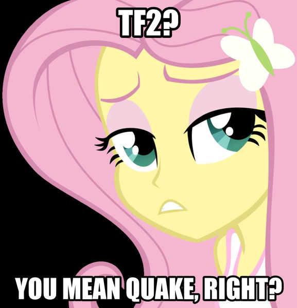 Size: 985x1024 | Tagged: safe, derpibooru import, fluttershy, equestria girls, epic gamershy, hipster, hipstershy, image macro, inverted mouth, mlg shy, quake, solo, team fortress 2