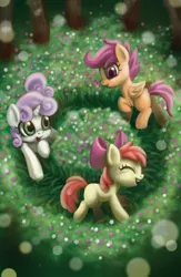 Size: 750x1150 | Tagged: apple bloom, artist:mrs1989, cutie mark crusaders, derpibooru import, flower, forest, grass, happy, safe, scootaloo, smiling, sweetie belle