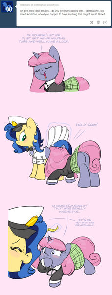 Size: 642x1681 | Tagged: safe, artist:carnifex, derpibooru import, oc, oc:milky way, oc:velvet, unofficial characters only, pony, ask velvet, ask, clothes, comic, crotchboobs, female, hat, impossibly large crotchboobs, mare, misleading thumbnail, tumblr