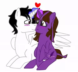 Size: 960x888 | Tagged: safe, artist:takeo, artist:violetfeatheroficial, derpibooru import, oc, oc:crimson guard, oc:violet feather, unofficial characters only, alicorn, pony, alicorn oc, blushing, female, heart, love, male, straight