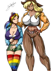 Size: 618x800 | Tagged: suggestive, artist:fred perry, derpibooru import, applejack, rainbow dash, human, amazon, appledash, applejacked, big breasts, breasts, busty applejack, busty rainbow dash, clothes, colored, female, freckles, huge breasts, humanized, lesbian, muscles, nail polish, rainbow socks, shipping, size difference, socks, striped socks, thigh highs, vacuum sealed clothing