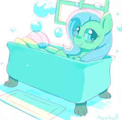 Size: 783x771 | Tagged: artist:mewball, bath, bathtub, bubble, claw foot bathtub, derpibooru import, fluttershy, looking at you, rug, safe, smiling, solo, water, window