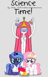 Size: 4779x7700 | Tagged: absurd resolution, adventure time, artist:drpancakees, beaker, cewestia, clothes, crossover, cute, derpibooru import, female, filly, glasses, goggles, lab coat, pink-mane celestia, princess bubblegum, princess celestia, princess luna, safe, science, science the rat, science woona, woona, younger