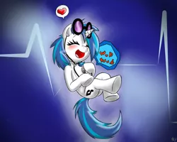 Size: 1280x1024 | Tagged: safe, artist:harthric, derpibooru import, vinyl scratch, pony, unicorn, auscultation, blushing, cardiophilia, electrocardiogram, heart, laughing, listening, solo, stethoscope, wallpaper, wub