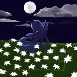 Size: 1181x1181 | Tagged: artist needed, derpibooru import, flower, moon, night, princess luna, safe, solo