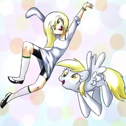 Size: 1024x1024 | Tagged: safe, artist:cosmicponye, derpibooru import, derpy hooves, human, pegasus, pony, abstract background, bracelet, clothes, cute, female, flying, happy, human ponidox, humanized, jewelry, jumping, mare, open mouth, oversized clothes, oversized shirt, shirt, smiling, spread wings, wings