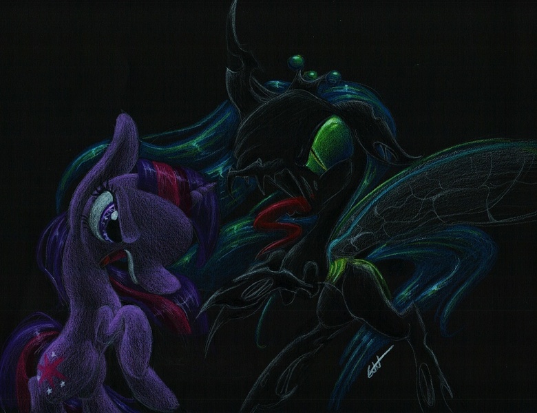 Size: 1066x820 | Tagged: safe, artist:getchanoodlewet, derpibooru import, queen chrysalis, twilight sparkle, traditional art