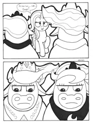 Size: 754x1000 | Tagged: artist:abronyaccount, comic, cow, derpibooru import, lineart, look of disapproval, monochrome, princess celestia, princess cowlestia, princess luna, princess moona, safe, species swap, transformation, trixie, unamused