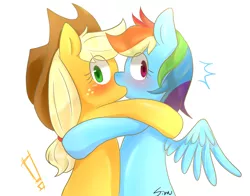 Size: 1280x1003 | Tagged: safe, artist:sion, derpibooru import, applejack, rainbow dash, appledash, female, hug, kissing, lesbian, shipping