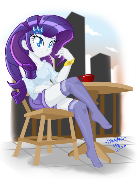 Size: 2305x3000 | Tagged: safe, artist:danmakuman, derpibooru import, edit, rarity, equestria girls, cafe, clothes, coffee, colored pupils, cute, missing shoes, raribetes, socks, solo, stockings, thigh highs