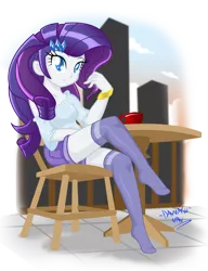 Size: 2305x3000 | Tagged: safe, artist:danmakuman, derpibooru import, edit, rarity, equestria girls, cafe, clothes, coffee, colored pupils, cute, missing shoes, raribetes, socks, solo, stockings, thigh highs