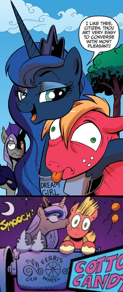 Size: 426x1013 | Tagged: safe, derpibooru import, idw, big macintosh, princess luna, earth pony, pony, spoiler:comic, choking, clothes, comic, dream girl, ferris wheel, hug, kissing, lunamac, magic shirt, male, shipper on deck, shipping, stallion, straight, t-shirt