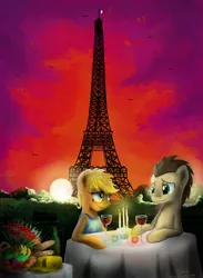 Size: 2200x3000 | Tagged: safe, artist:sweeterwho, derpibooru import, doctor whooves, time turner, oc, bread, candle, canon x oc, eiffel tower, female, food, glass, little rouge, male, paris, shipping, straight, sunset, szelma