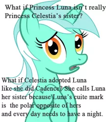 Size: 436x504 | Tagged: safe, derpibooru import, lyra heartstrings, pony, unicorn, conspiracy, conspiracy lyra, exploitable meme, looking at you, meme, nondrama, open mouth, simple background, solo, text, weird, white background