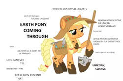 Size: 1200x797 | Tagged: safe, artist:lauren faust, artist:lovingtolerance, derpibooru import, edit, applejack, earth pony, pony, caption, crops, earth pony master race, extreme, extreme advertising, female, glorious master race, hardcore, hat, image macro, mare, mirrored, mud, mud pony, out of character, peasant coming through, shovel, simple background, solo, swerve, text, trowel, vulgar, white background