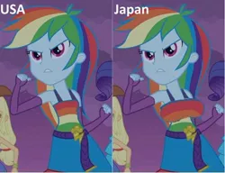 Size: 500x383 | Tagged: suggestive, derpibooru import, edit, edited screencap, screencap, rainbow dash, equestria girls, breast edit, breasts, busty rainbow dash, fake, female, japan, parody, united states, usa/japan