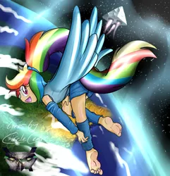 Size: 1024x1063 | Tagged: artist:xptzstudios, barefoot, derpibooru import, feet, human, humanized, leg warmers, rainbow dash, safe, sidemouth, soles, solo, space, spaceship, tailed humanization, toes, wiggle, wiggling toes, winged humanization