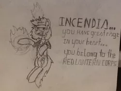 Size: 960x720 | Tagged: safe, artist:unicron, derpibooru import, oc, oc:incendia, unofficial characters only, pony, fanfic:antipodes, red lantern corps, solo, traditional art