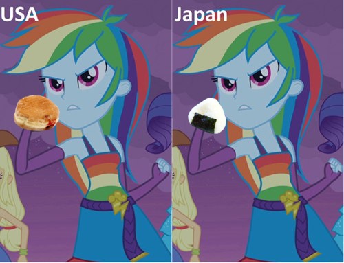 Size: 500x383 | Tagged: safe, derpibooru import, rainbow dash, equestria girls, 4kids, censorship, donut, frown, glare, gritted teeth, japan, jelly doughnut, onigiri, united states, usa/japan