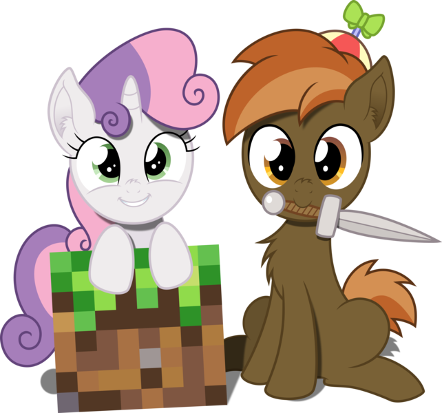 Size: 6422x6000 | Tagged: absurd resolution, artist:agamnentzar, artist:mactavish1996, buttonbetes, button mash, chest fluff, crossover, cute, derpibooru import, diasweetes, looking at you, minecraft, mouth hold, safe, simple background, sitting, smiling, sweetie belle, sword, transparent background, vector